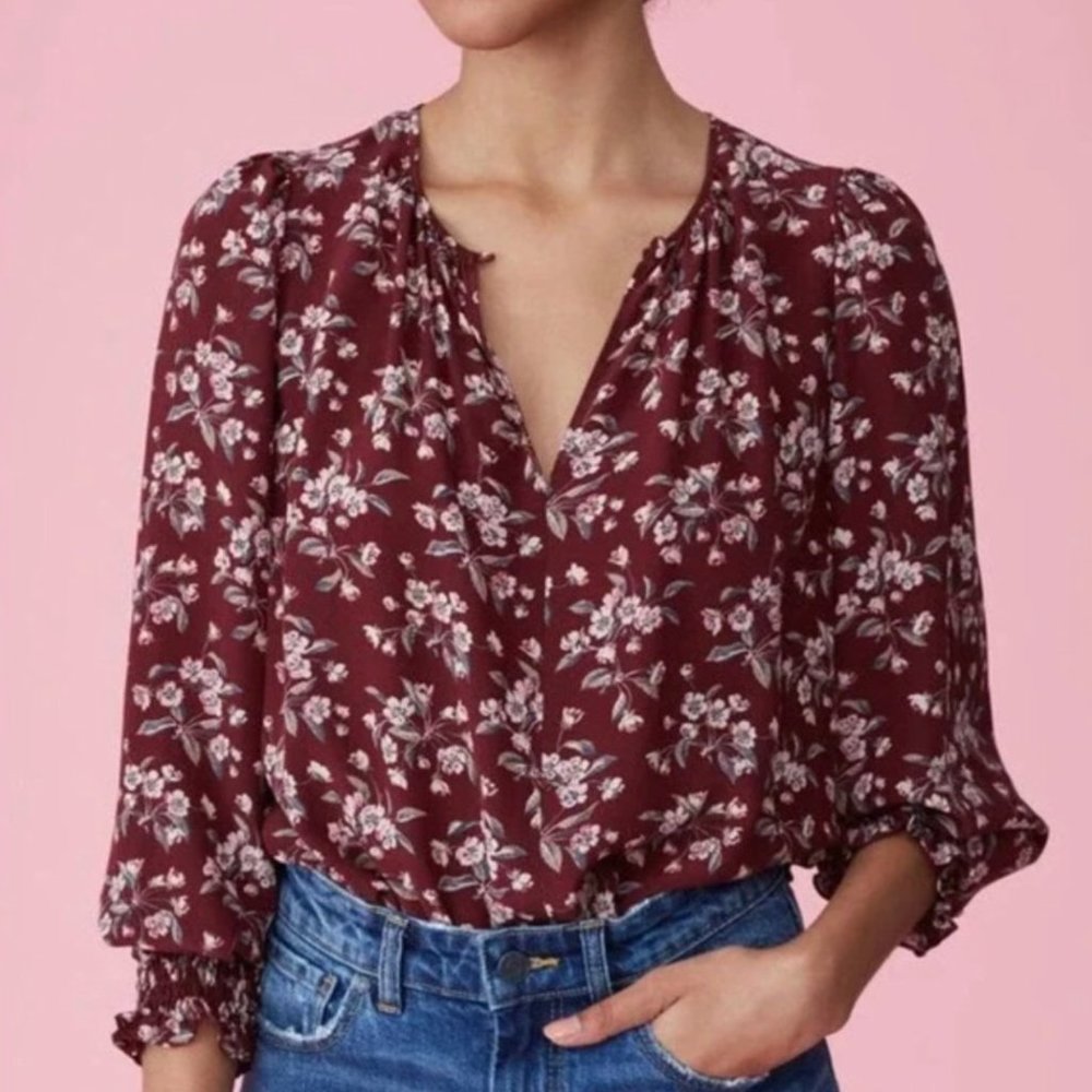 Rebecca Taylor Tilda Maroon Floral Silk Keyhole Top Size 4 NWT Retail $295